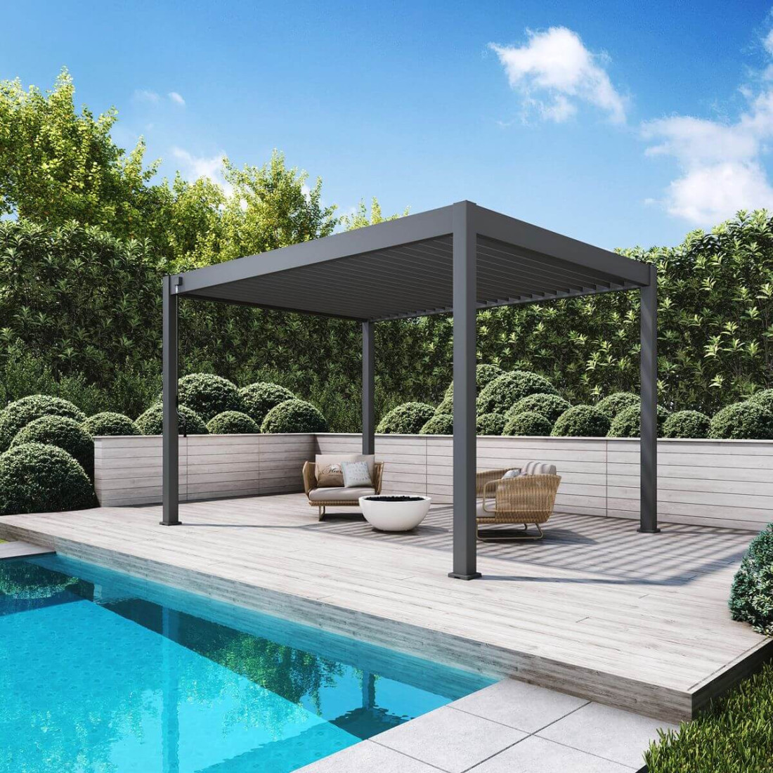 Aranżacja przy basenie pergoli ogrodowej ELEGANCE 3x4 Anthracite - gutroof