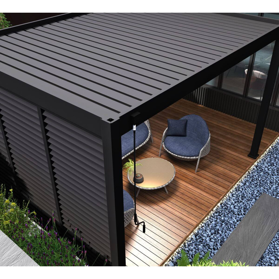 Widok z góry na zamknięte lamele w aranżacji pergoli ELEGANCE 3x4 Anthracite - gutroof