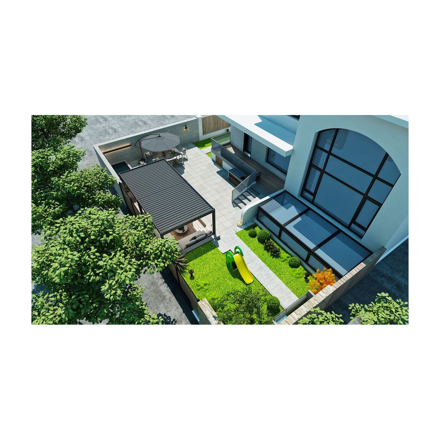Widok góry na ogród wraz z pergolą ELEGANCE w rozmiarze 3x6 w kolorze antracytowym