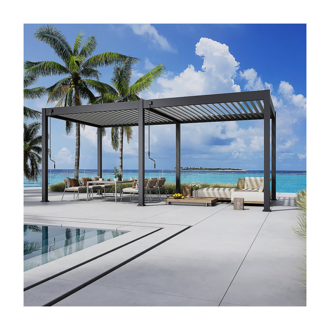 Pergola Elegance 3x6 Antracytowa z lamelami szaro jasnymi stojąca na tle oceanu w aranżacji
