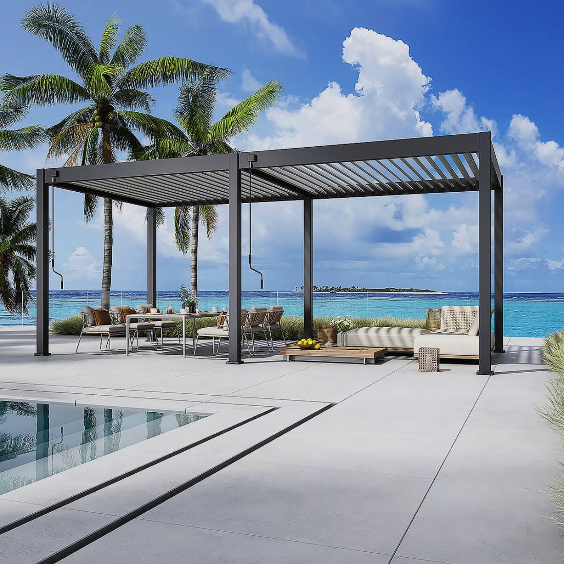 Pergola Elegance 3x6 Antracytowa z lamelami szaro jasnymi stojąca na tle oceanu w aranżacji
