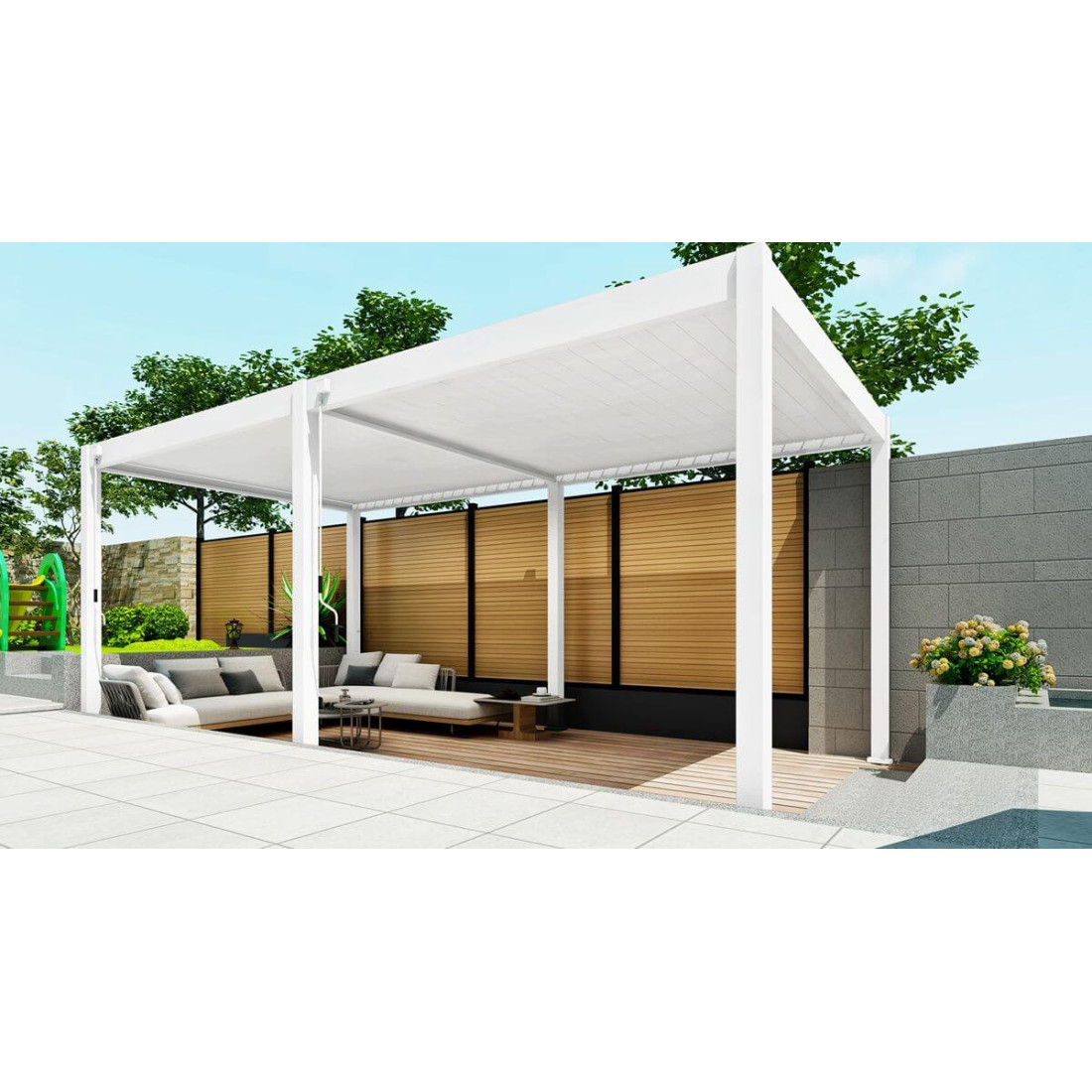 Aranżacja pergoli ogrodowej ELEGANCE w rozmiarze 3x6 w kolorze białym