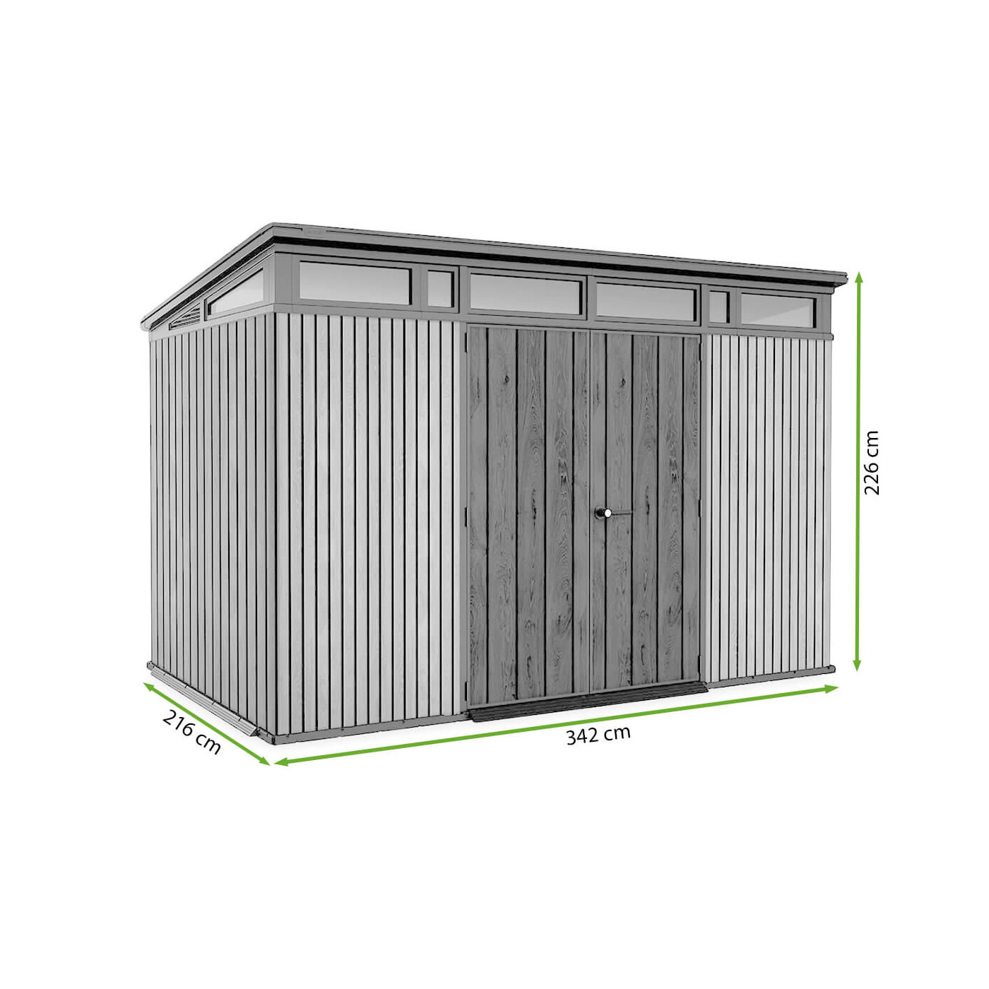 Rysunek z wymiarami domku narzędziowego PENTHOUSE 11x7 Grey Signature Collection od firmy Keter