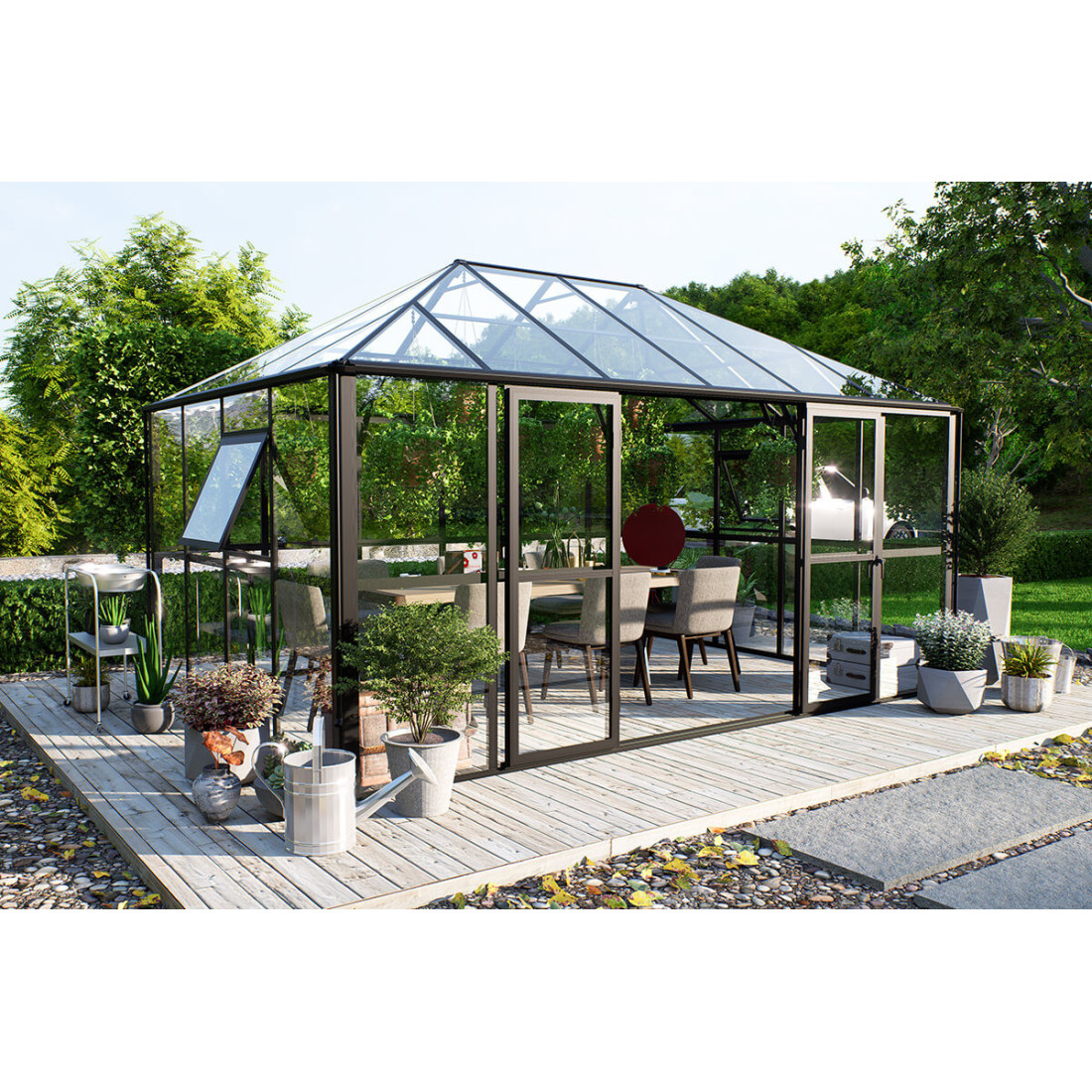 Oranżeria zimowa BROADWAY Black 436x295cm Solid PC+ Glass - Gutroof, czarna konstrukcja, oranżeria na ogrodzie