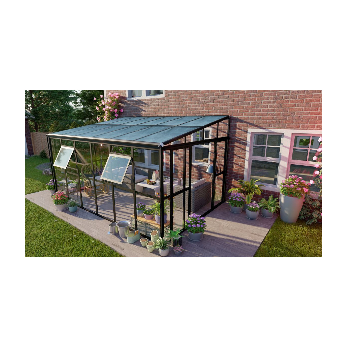 Oranżeria SOHO Black 434x290cm PC + Glass - Gutroof, widok z góry, aranżacja w ogrodzie, szklana konstrukcja