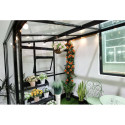 Oranżeria SOHO Black 434x290cm PC + Glass - Gutroof, widok na wnętrze, przestronne wnętrze, aranżacja z kwiatami i meblami