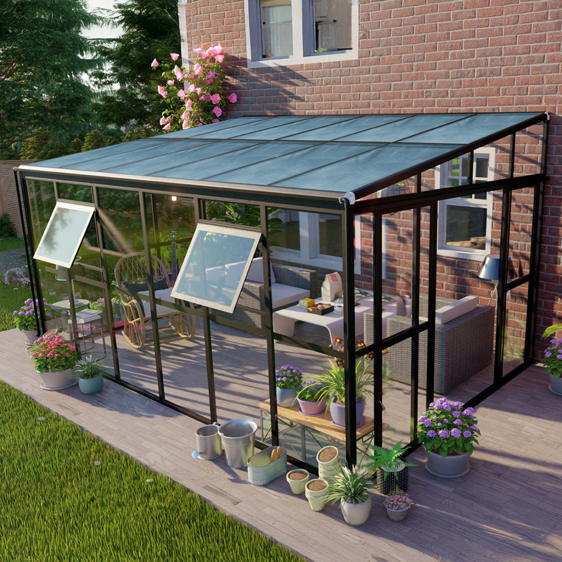 Oranżeria SOHO Black 434x290cm PC + Glass - Gutroof, aranżacja w ogrodzie, szklana konstrukcja, szklany przezroczysty dach