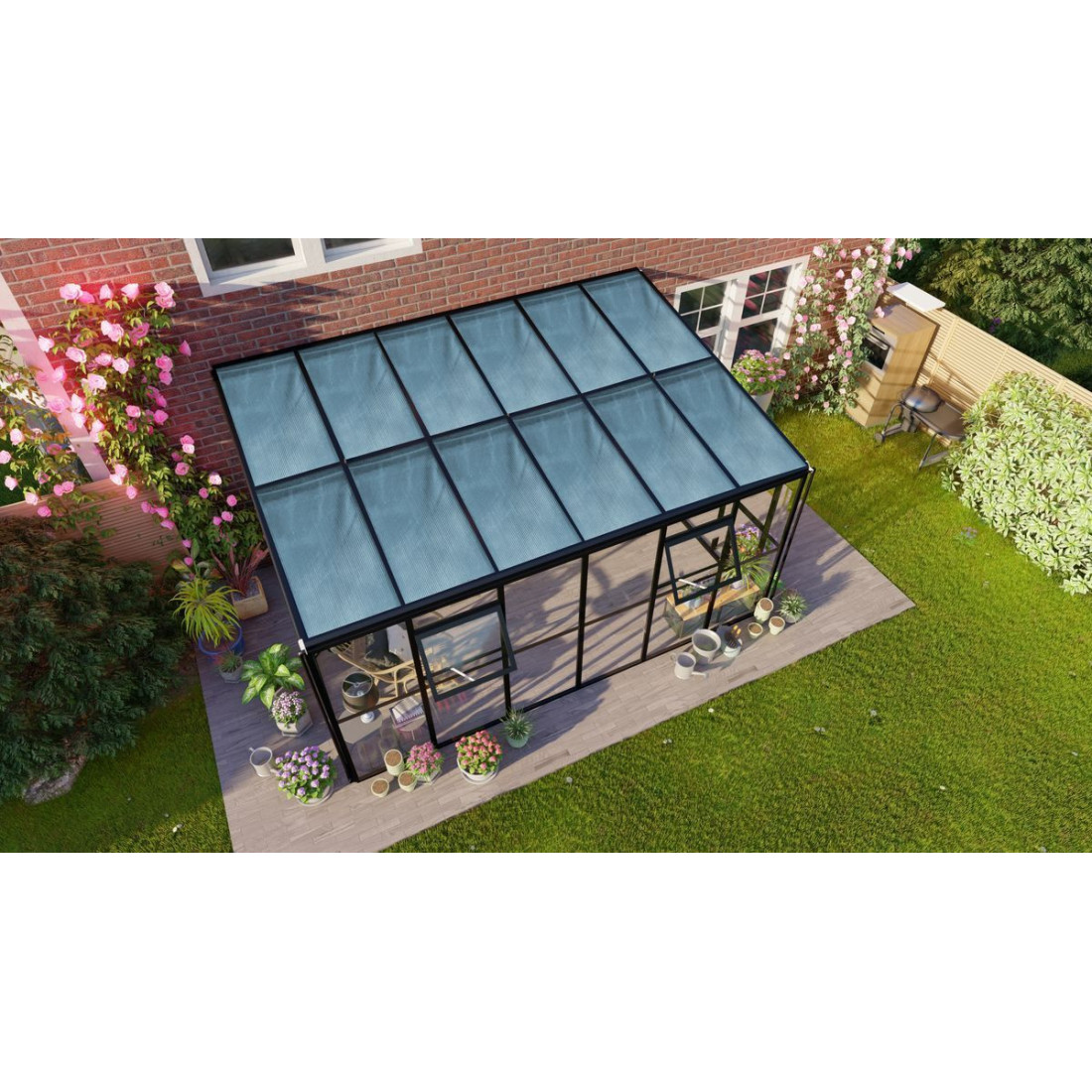 Oranżeria SOHO Black 434x290cm PC + Glass - Gutroof aranżacja w ogrodzie, wśród kwiatów i roślin