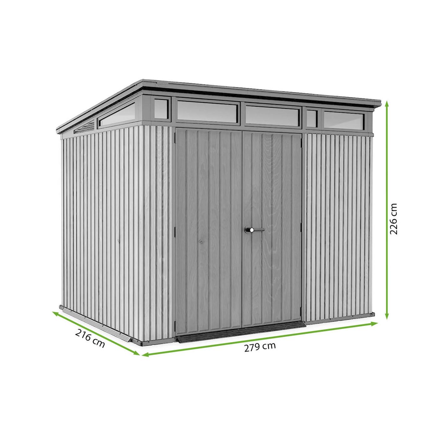 Rysunek z wymiarami domku narzędziowego PENTHOUSE 9x7 Brown Signature Collection od firmy Keter