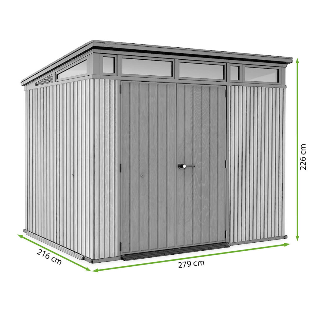 Rysunek z wymiarami domku narzędziowego PENTHOUSE 9x7 Brown Signature Collection od firmy Keter