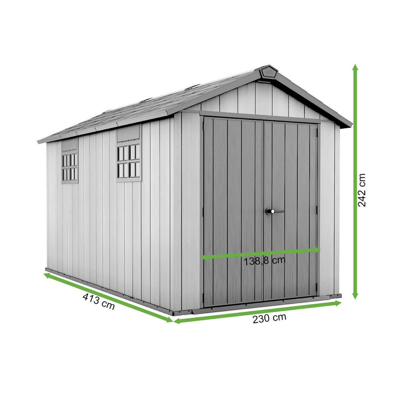 Rysunek z wymiarami domku narzędziowego OAKLAND 7513 o wymiarach 230x413cm