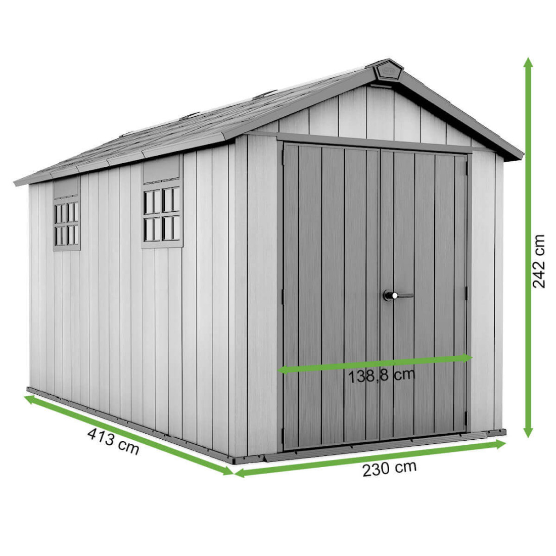 Rysunek z wymiarami domku narzędziowego OAKLAND 7513 o wymiarach 230x413cm