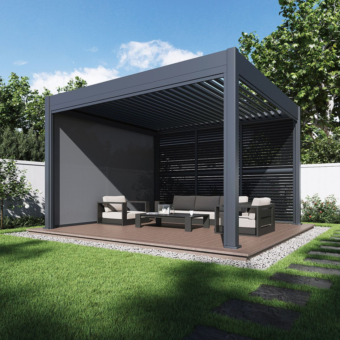 wieczorna aranżacja automatycznej pergoli deluxe z panelami LED