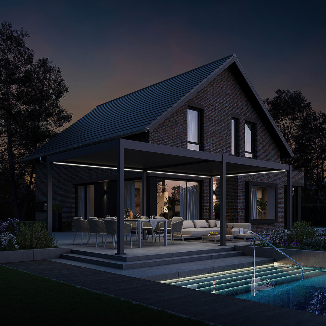 Pergola tarasowa Deluxe Automatic+LED 3.6x7.2 antracytowa w wieczornej aranżacji przed domem z basenem.