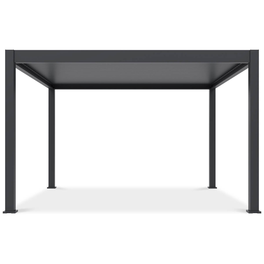 Pergola Deluxe Pro Automatic+LED 4x4 w aranżacji tarasowej z nastrojowym oświetleniem i kamiennym wykończeniem.