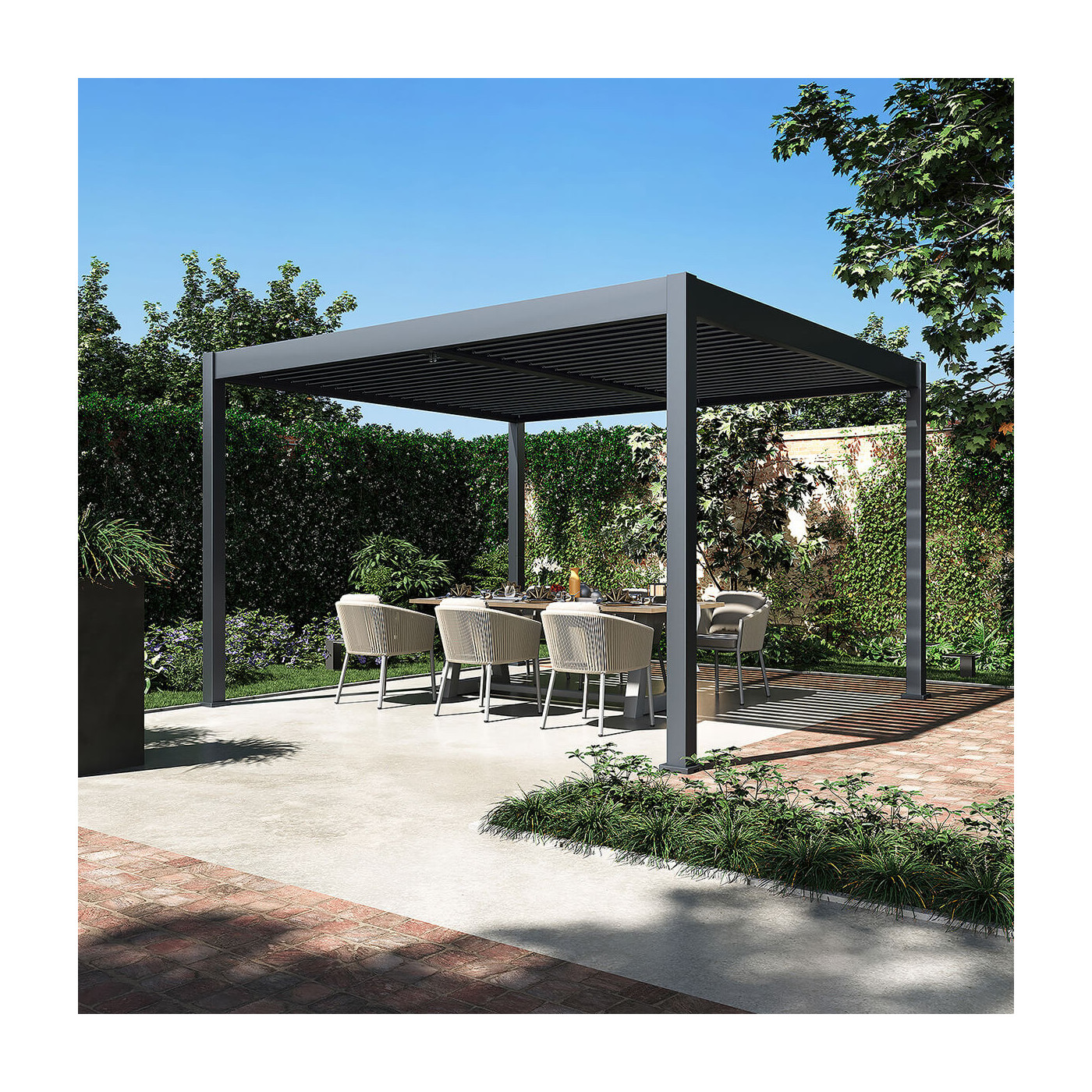 Pergola tarasowa ELEGANCE DUO 3.6x4 w kolorze antracytowym ustawiona w ogrodzie