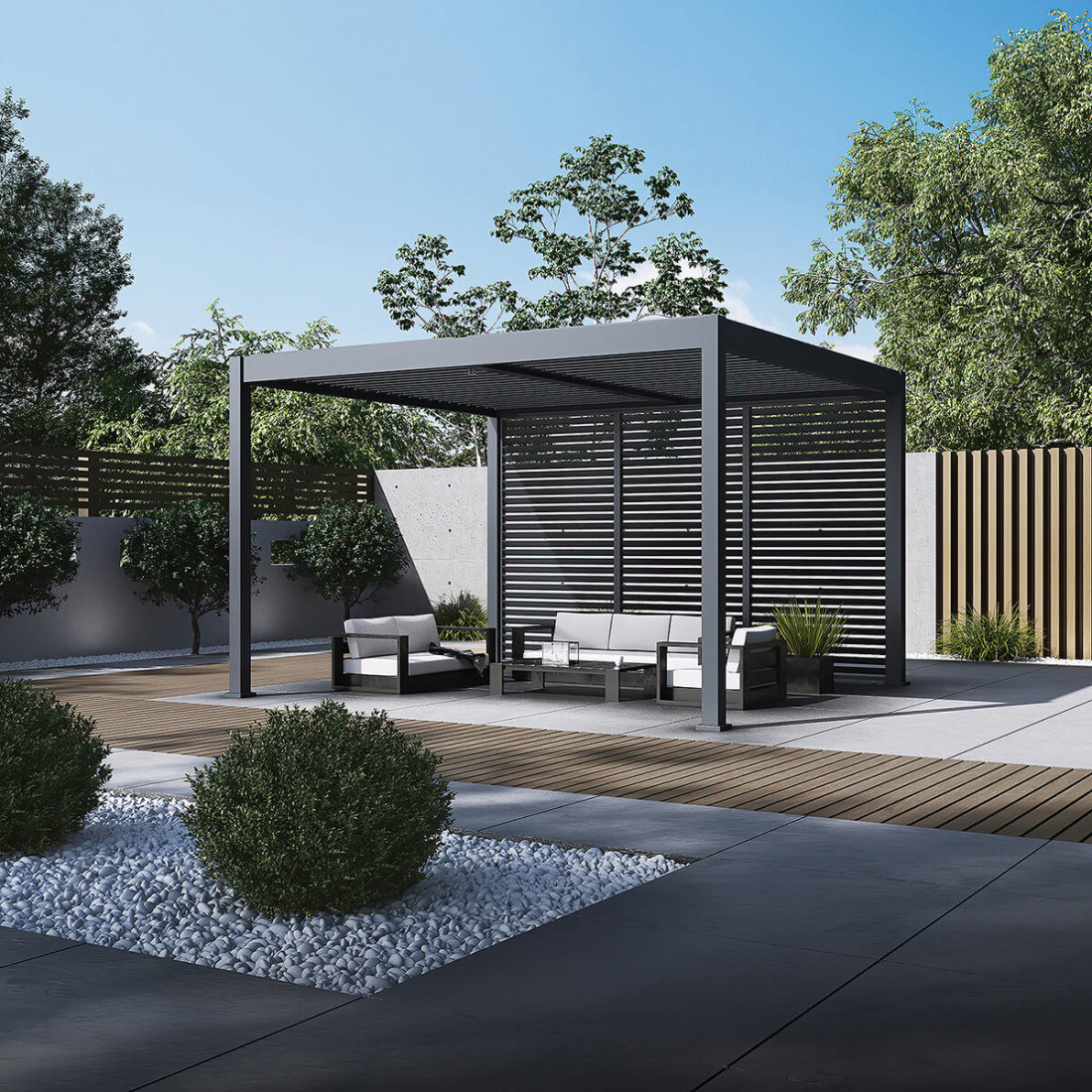 Pergola ELEGANCE DUO 3.6x4 w aranżacji ogrodu, otoczona roślinnością.