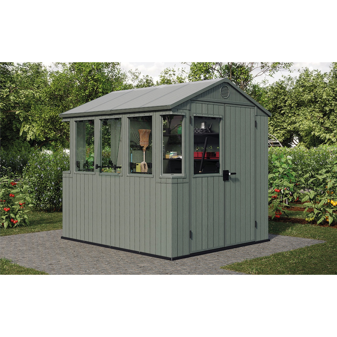 Aranżacja zielonego domku narzędziowego z szklarnią potting shed 6x8