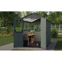 domek narzędziowy dwa w jednym potting shed z otwartymi drzwiami  
