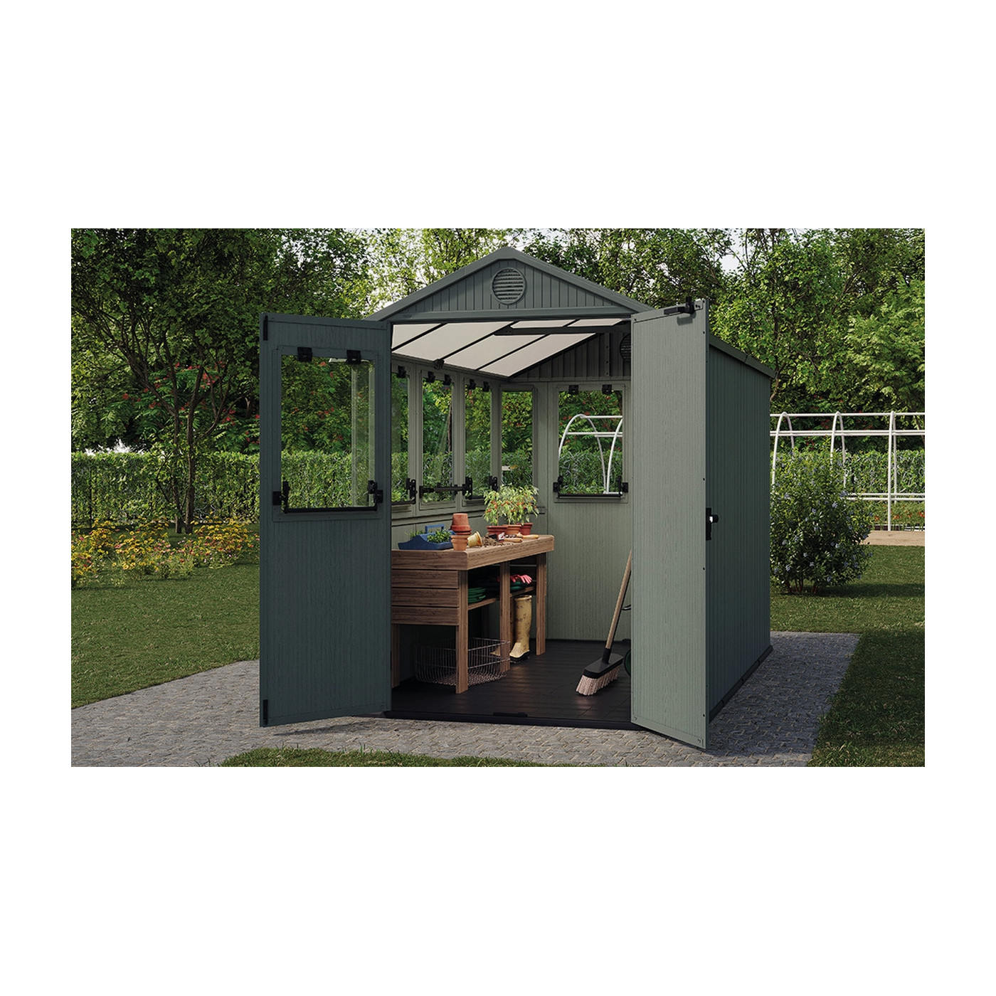domek narzędziowy dwa w jednym potting shed z otwartymi drzwiami  