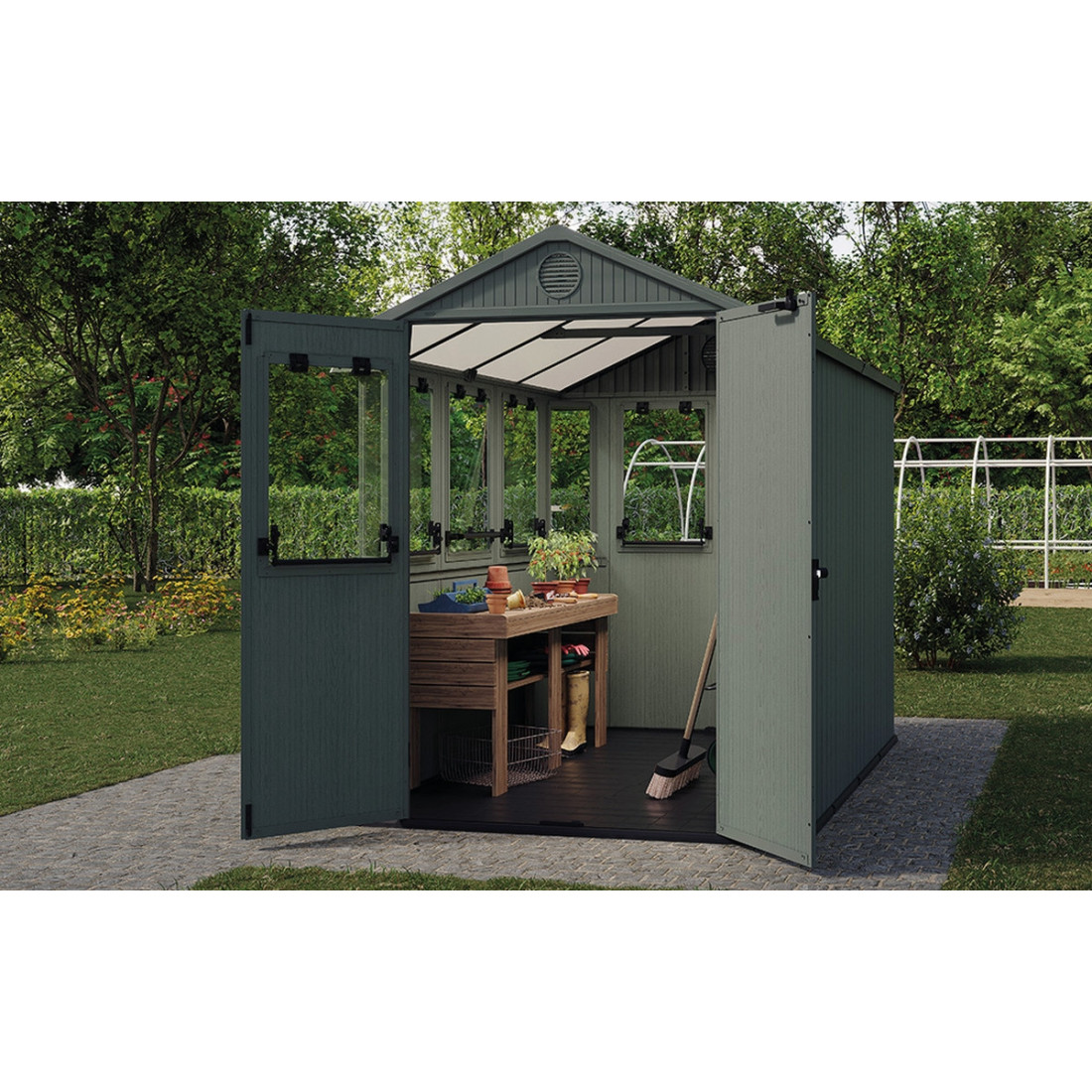 domek narzędziowy dwa w jednym potting shed z otwartymi drzwiami  