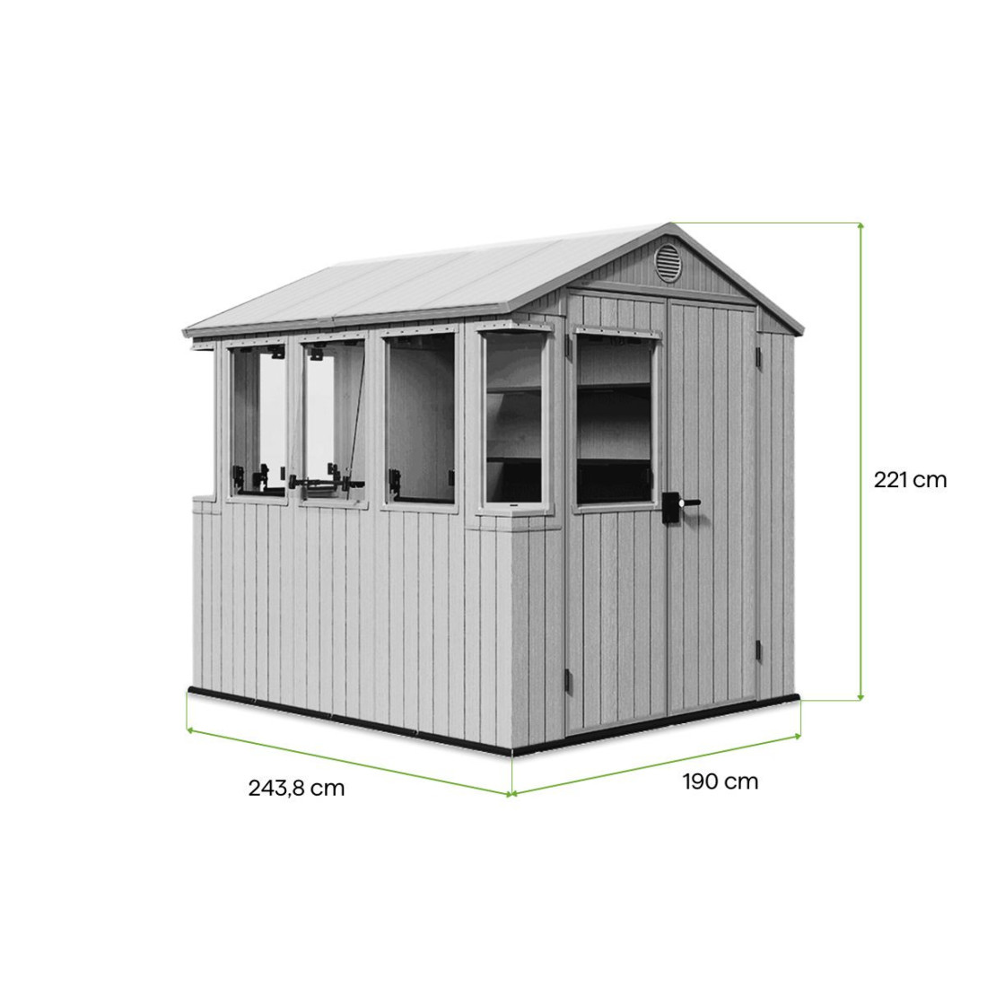 Wnętrze domku z szklarnią potting shed 6x8