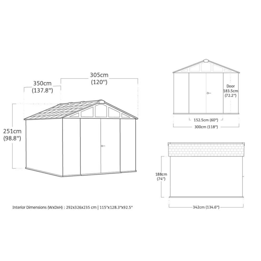 Wymiary domku narzędziowego STRONGHOLD SHED 10x11,5 szary - Keter