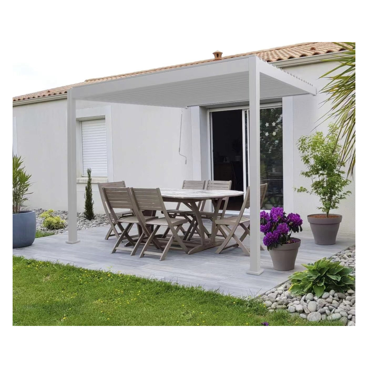 Aranżacja pergoli tarasowej, ścienna 3x3 Premium Wall White - Gutroof