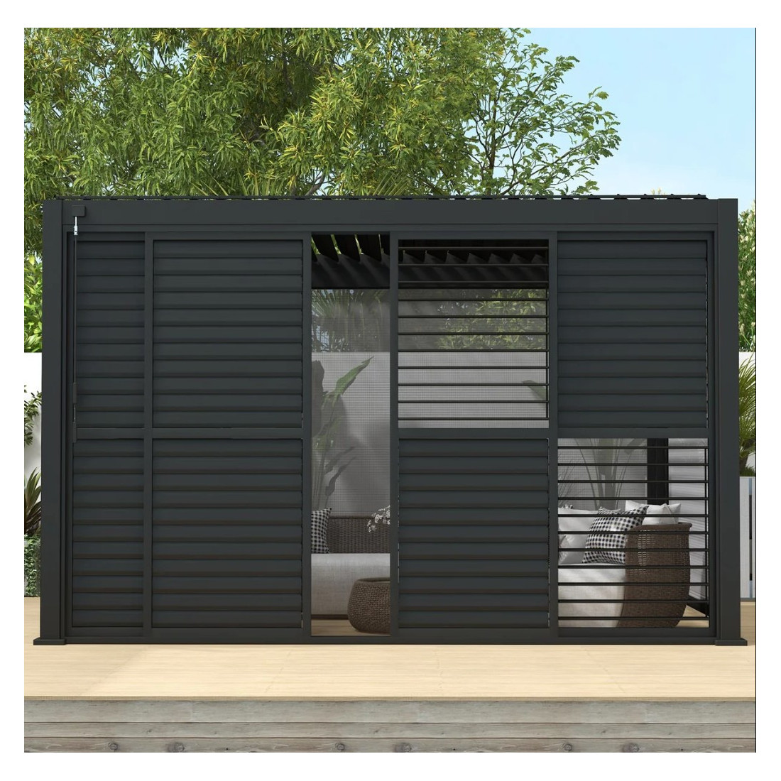 Aranżacja przesuwane drzwi żaluzjowe do pergoli PREMIUM 4m, anthracite Gutroof