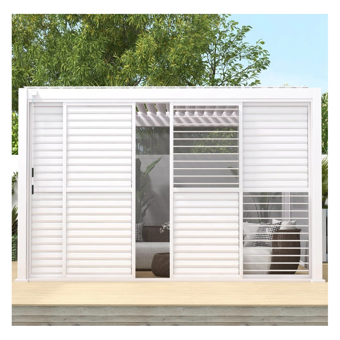 Aranżacja przesuwane drzwi żaluzjowe do pergoli PREMIUM 4m, white - GUTROOF