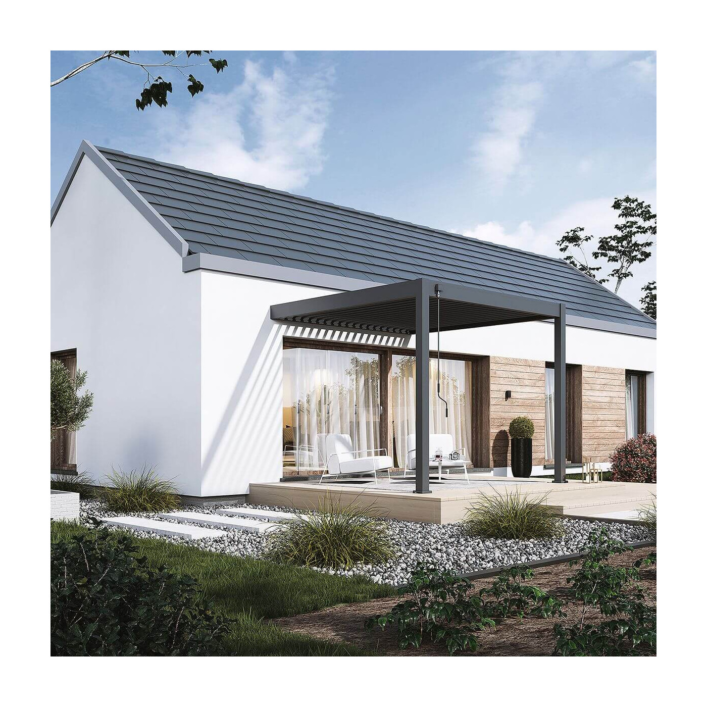 Aranżacja pergoli przyściennej ELEGANCE WALL 3x3 w kolorze antracytowym