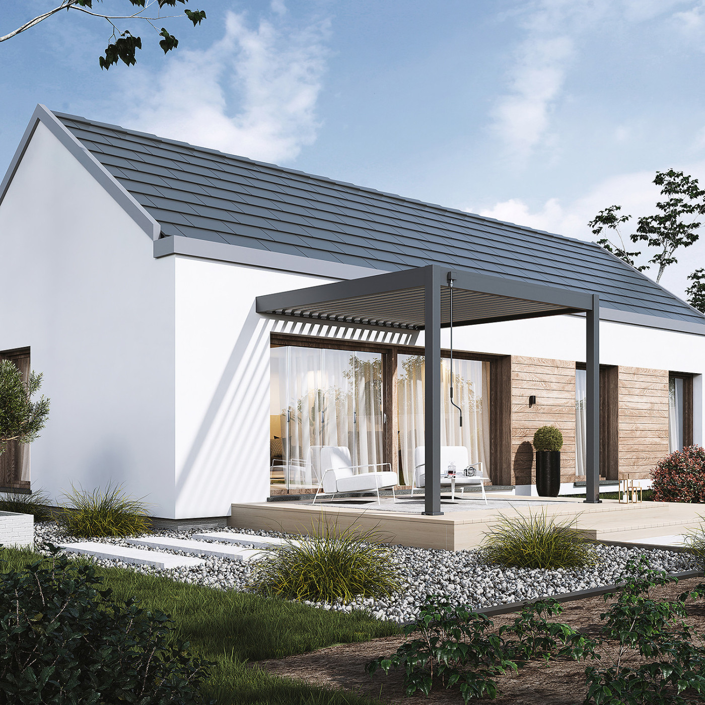 Aranżacja przyściennej pergoli ELEGANCE WALL 3x3 Anthracite/Light Grey - Gutroof