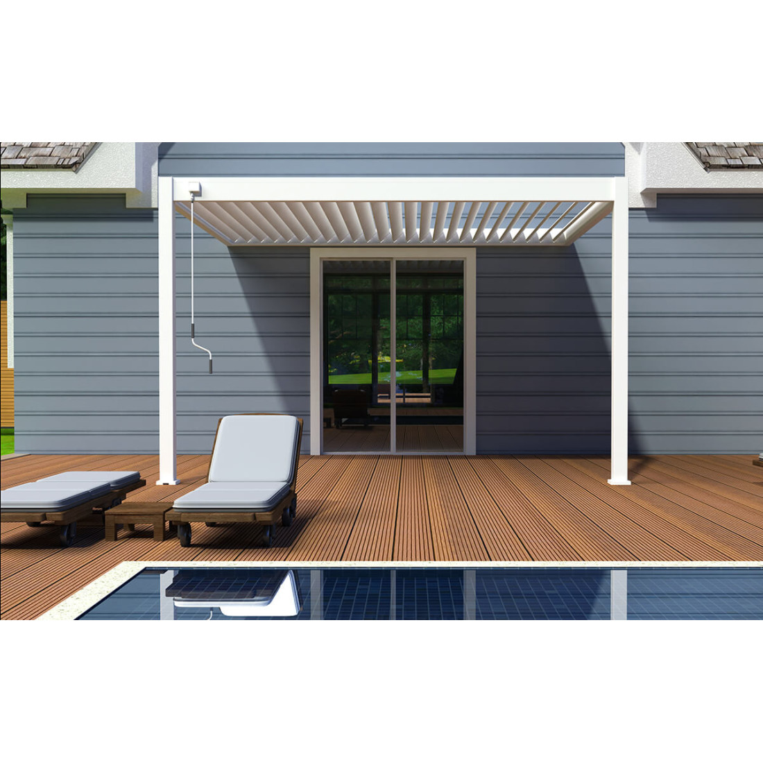 Aranżacja białej przyściennej pergoli elegance wall 3x4 na tarasie