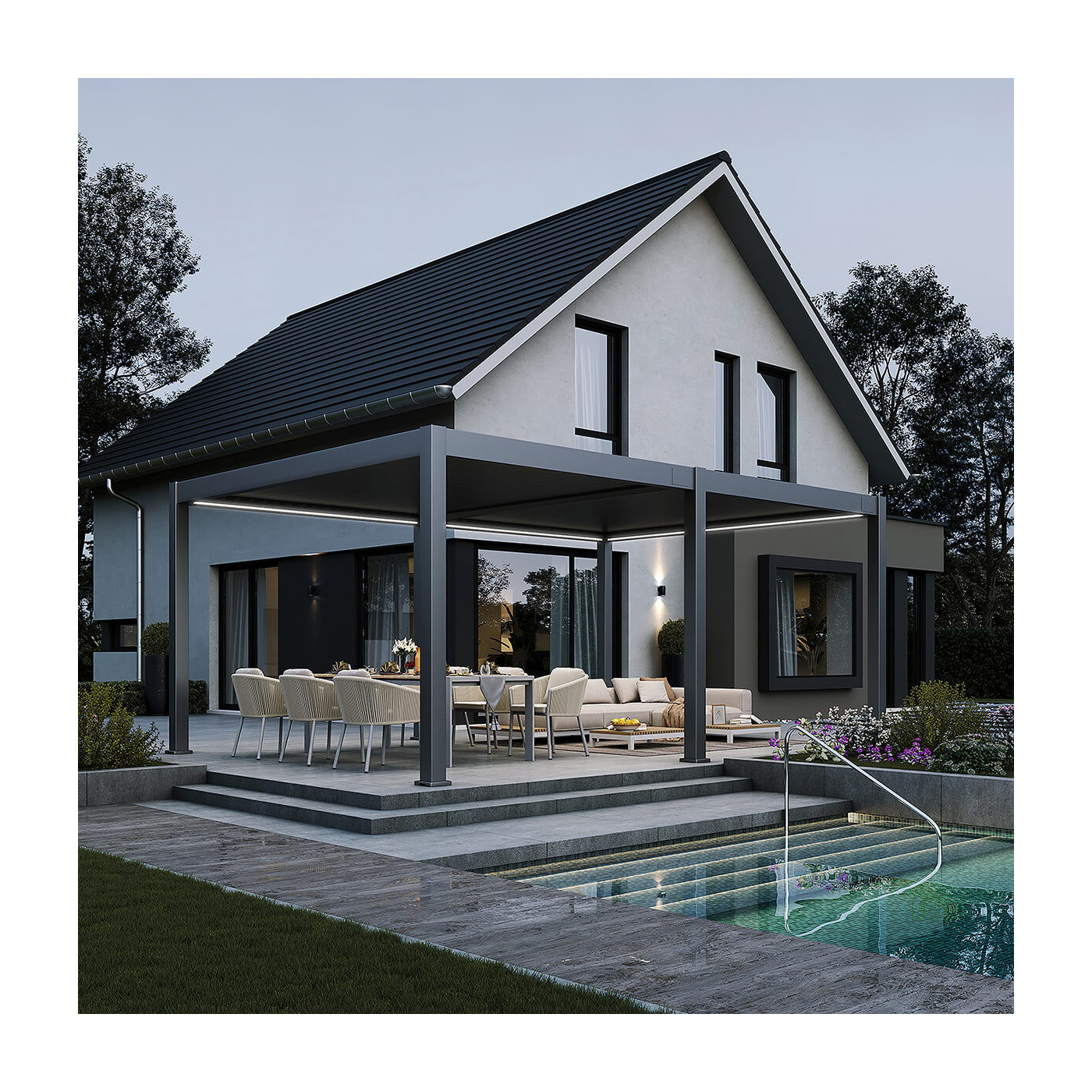 Aranżacja w ogrodzie - pergola tarasowa deluxe pro automatic 4x6m z oświetleniem LED