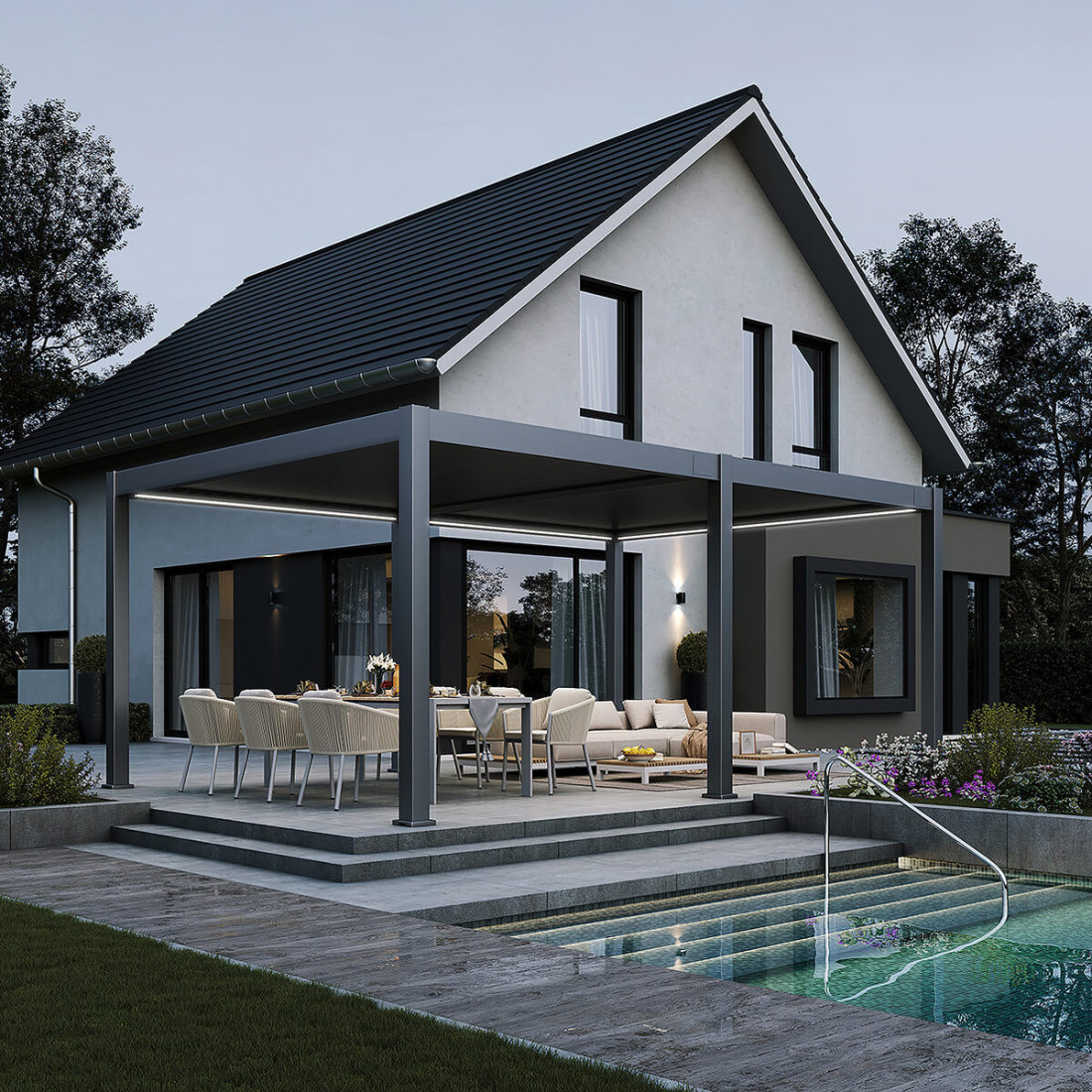 Aranżacja w ogrodzie - pergola tarasowa deluxe pro automatic 4x6m z oświetleniem LED