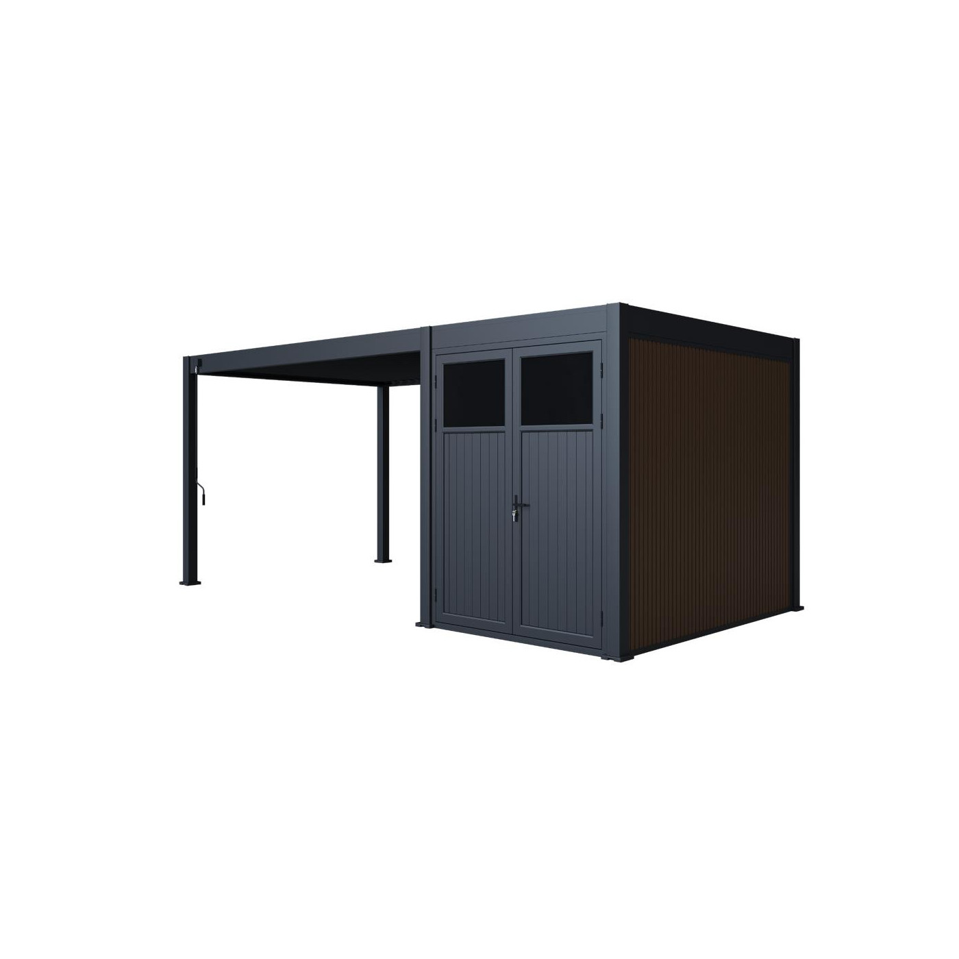 Pergola tarasowa Fusion 3x4+2 Anthracite Gutroof ze schowkiem widok perspektywiczny lewy