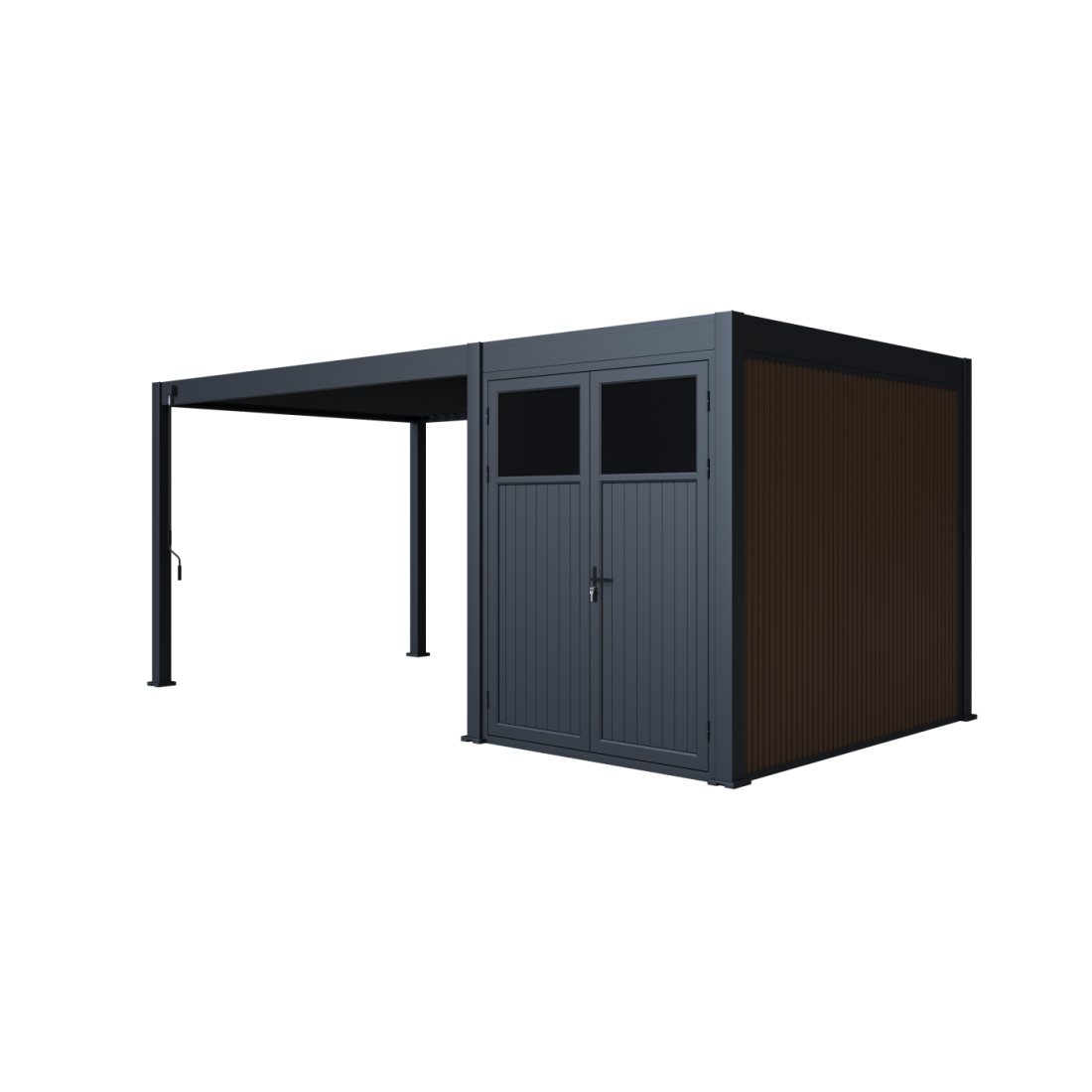 Pergola tarasowa Fusion 3x4+2 Anthracite Gutroof ze schowkiem widok perspektywiczny lewy
