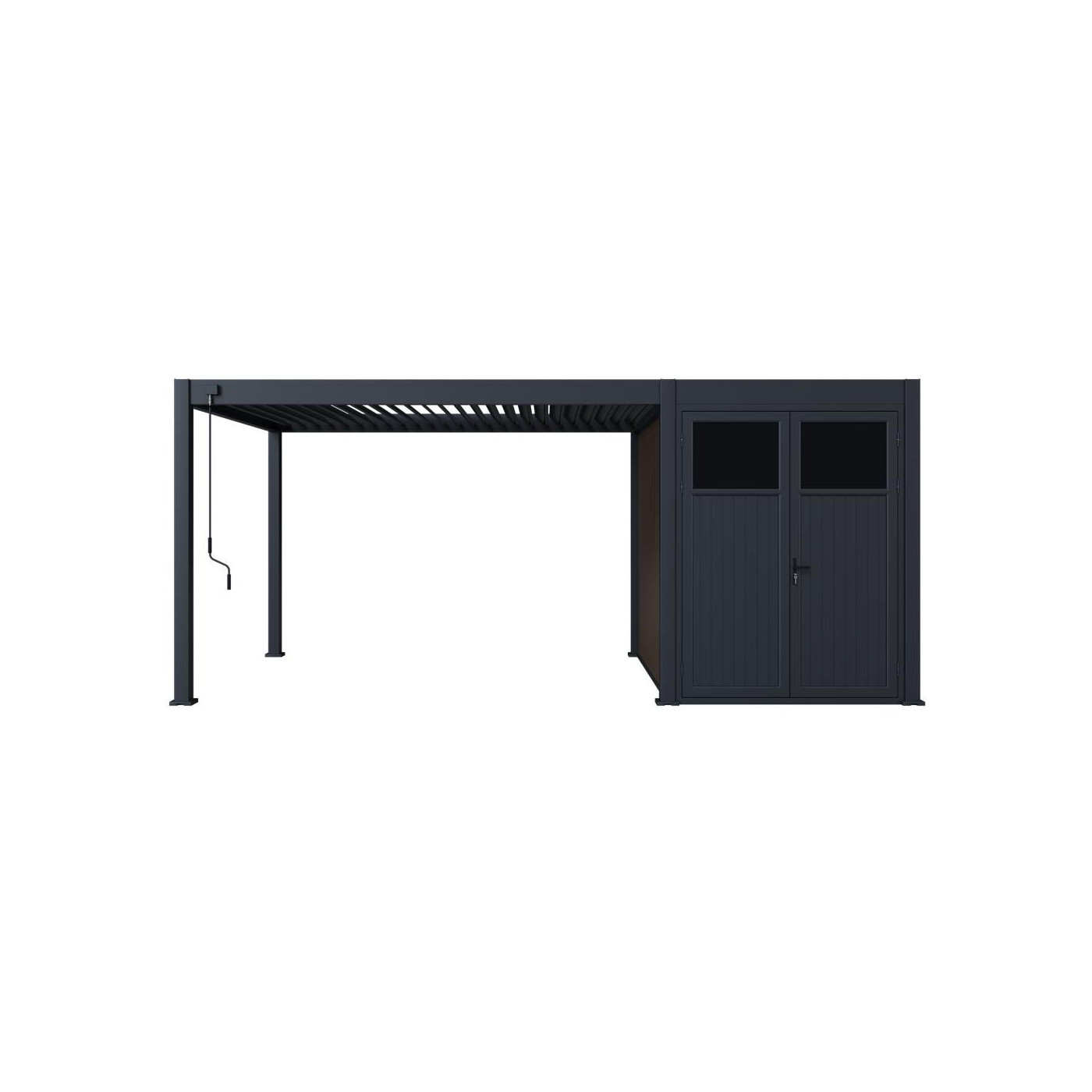 Pergola tarasowa Fusion 3x4+2 Anthracite Gutroof ze schowkiem widok frontalny