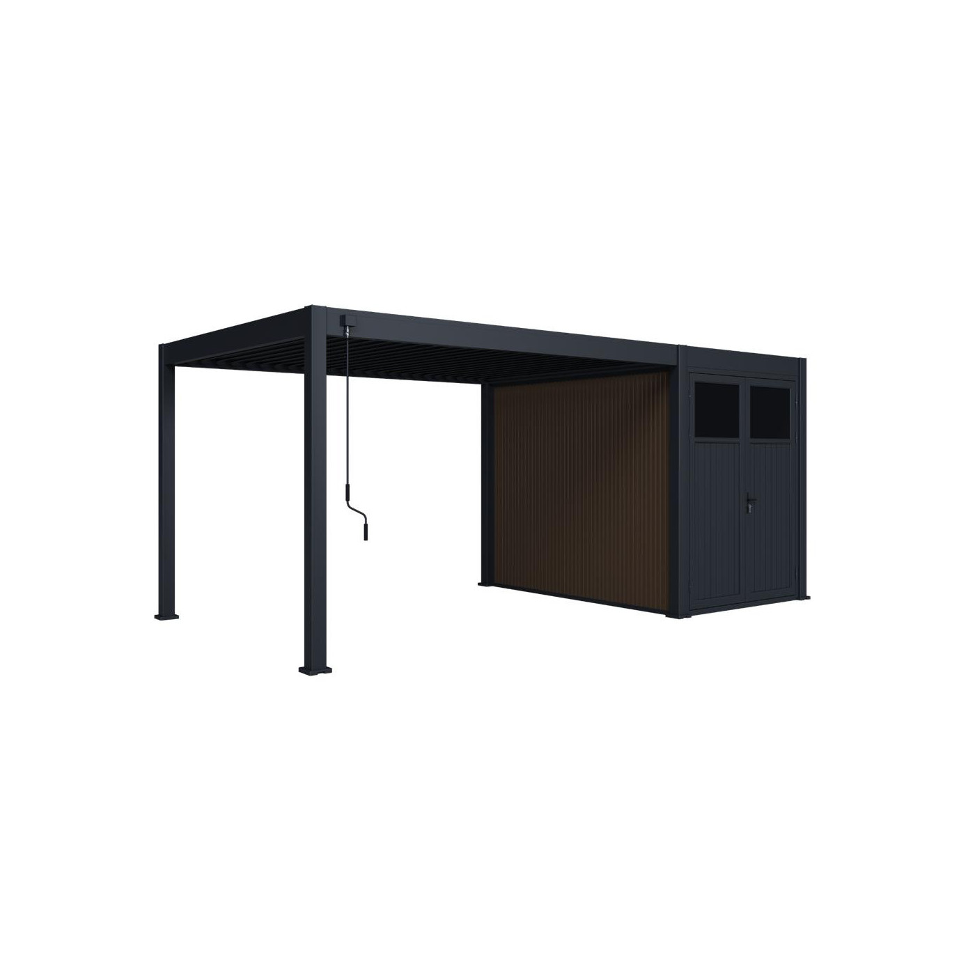 Pergola tarasowa Fusion 3x4+2 Anthracite Gutroof ze schowkiem widok perspektywiczny prawy