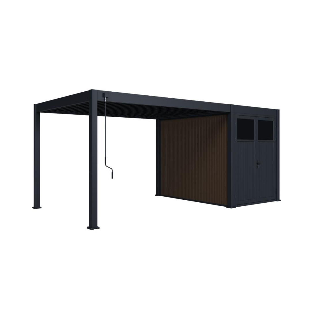 Pergola tarasowa Fusion 3x4+2 Anthracite Gutroof ze schowkiem widok perspektywiczny prawy