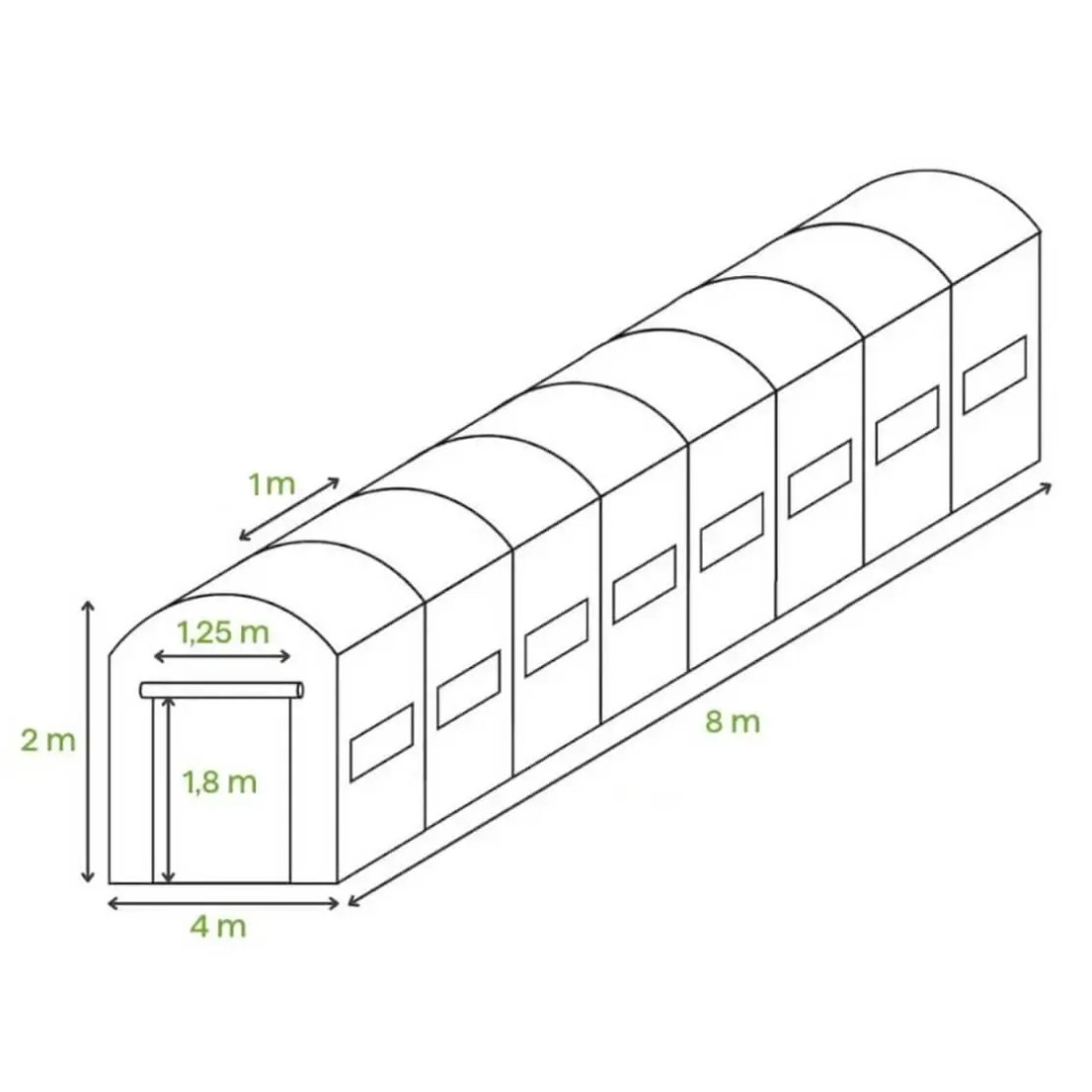 Wymiary tunelu ogrodowego 4x8x2 - 32m2 z podwójnymi drzwiami 
