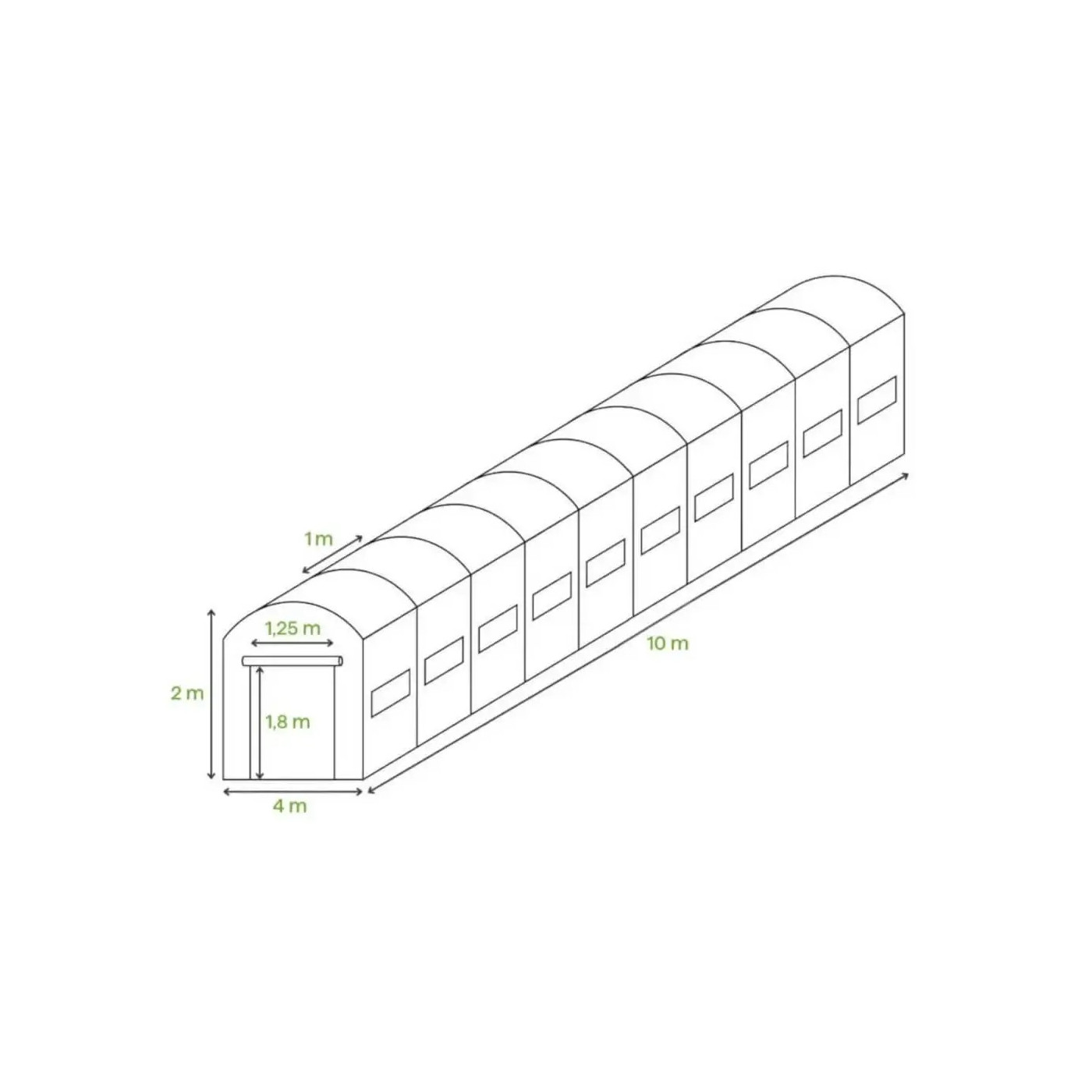Wymiary tunelu foliowego z podwójnymi drzwiami 4x10x2 - 40m2 Zielony