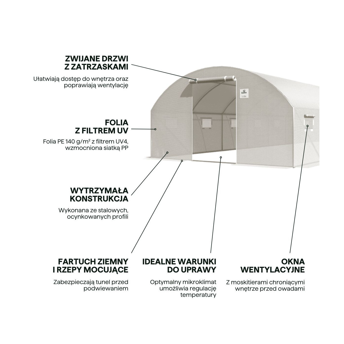 Rysunek z wymiarami białego tunelu foliowego cultivo 4x10x2, 10 sekcji