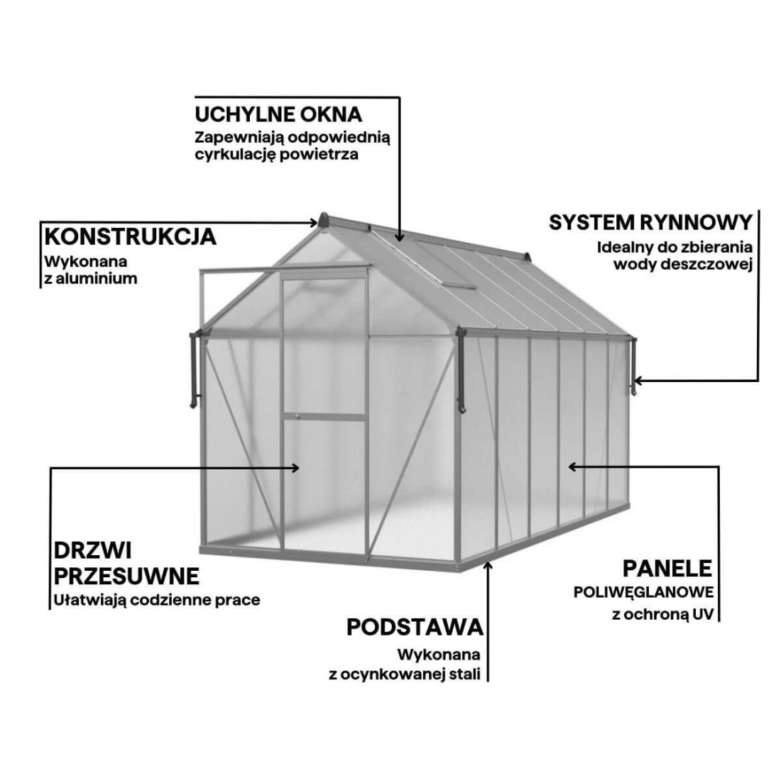 srebrna szklarnia na pomidory z rozsuwanymi drzwiami i rynnami odprowadzającymi wodę