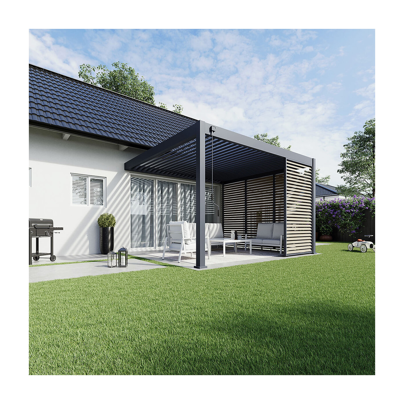 Pergola Deluxe Wall 3.6x4 antracytowa na tarasie w ogrodzie, widziana z dystansu.