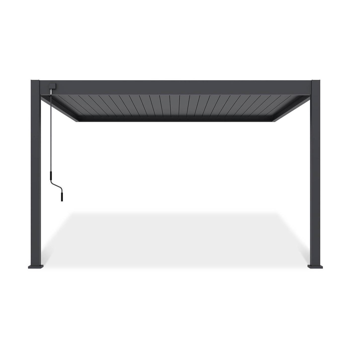 Widok z przodu pergoli tarasowej Deluxe Wall 3.6x4 antracytowej na białym tle.