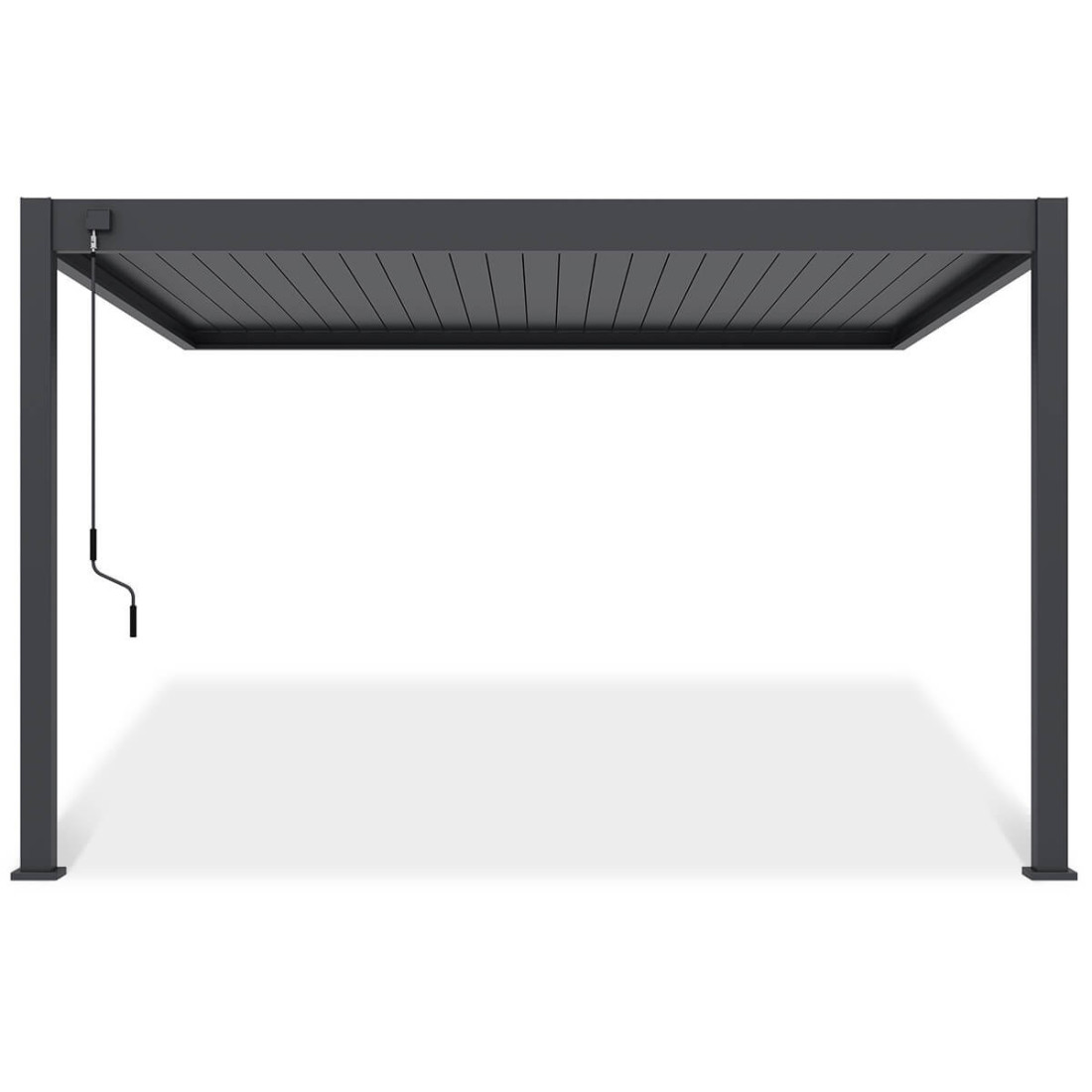 Widok z przodu pergoli tarasowej Deluxe Wall 3.6x4 antracytowej na białym tle.