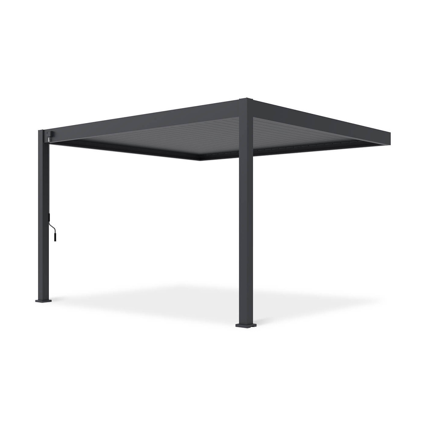 Widok boczny z drugiej strony pergoli Deluxe Wall 3.6x4 z mechanizmem korbowym, na białym tle.