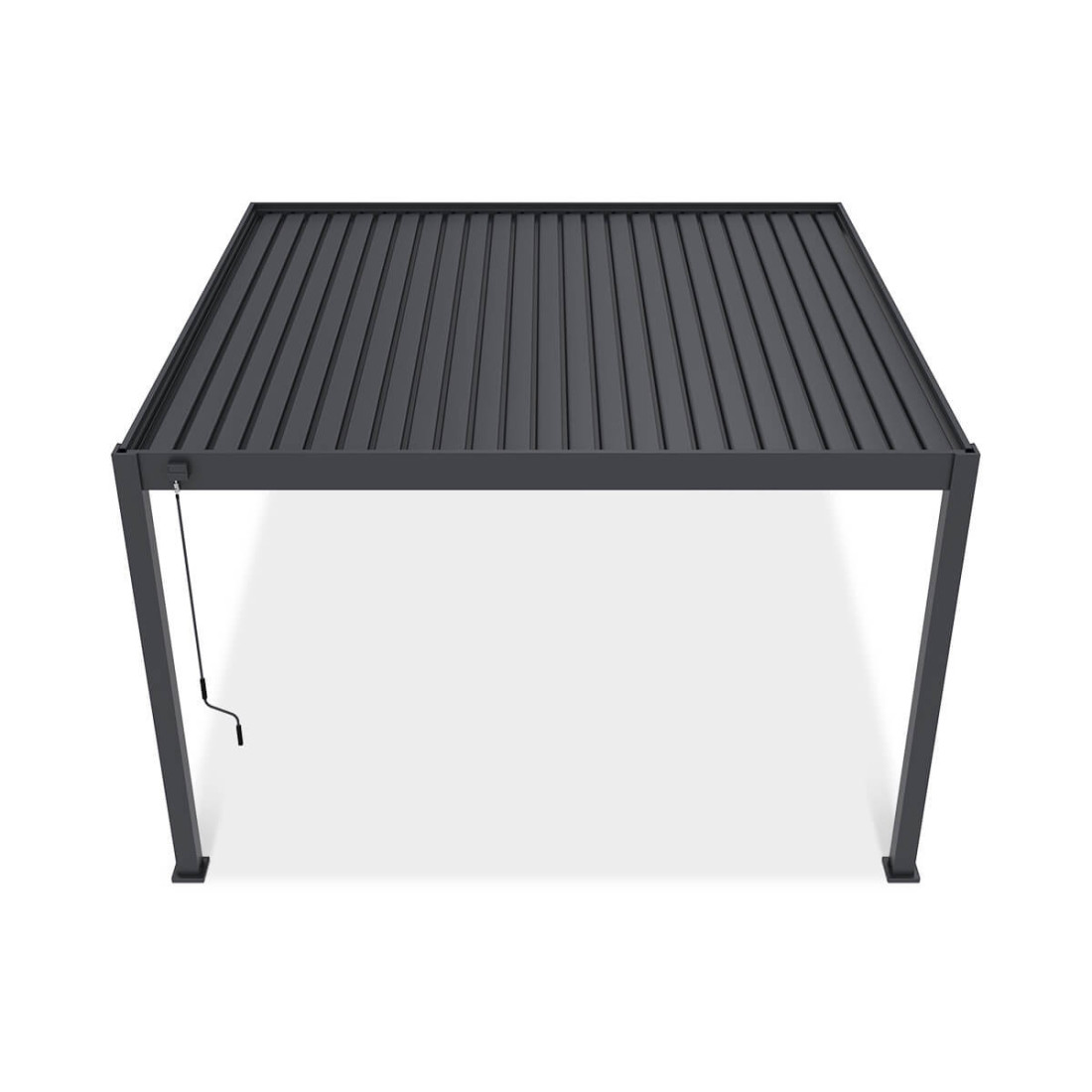 Widok z góry pergoli tarasowej Deluxe Wall 3.6x4 antracytowej na białym tle.