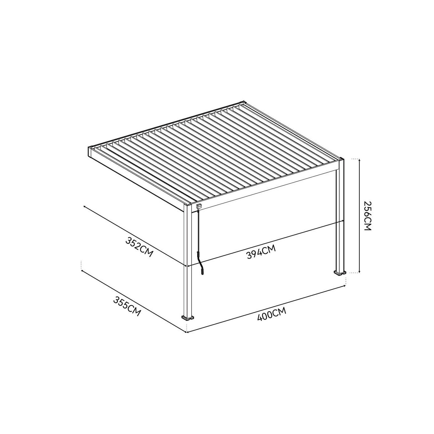 Rysunek techniczny pergoli tarasowej Deluxe Wall 3.6x4 w kolorze antracytowym z wymiarami.